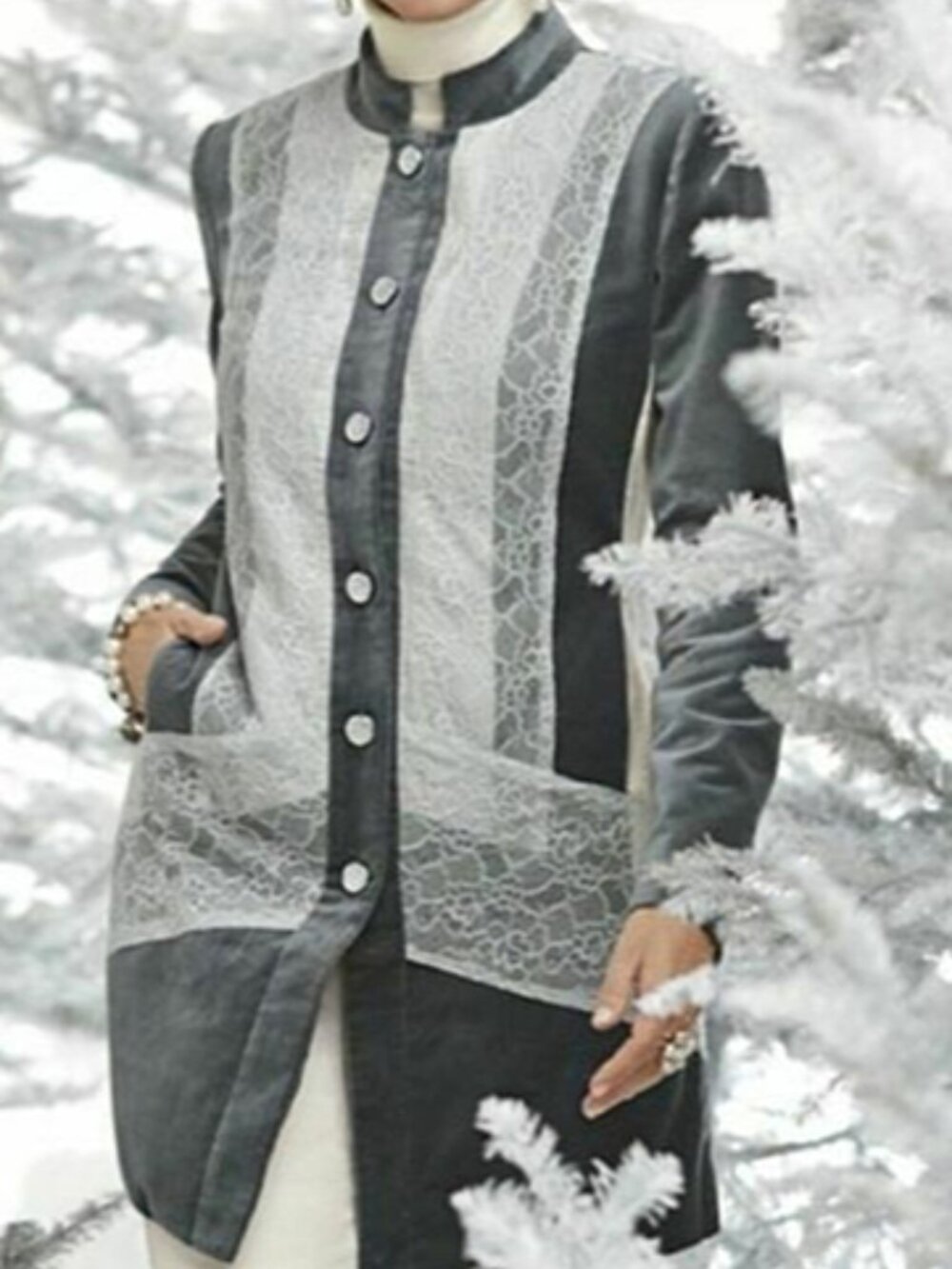 Chico's Gray Velvet Lace panel Duster Jacket size 1